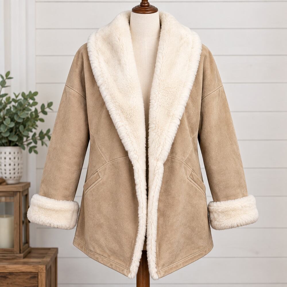 RZR Original Womens L Genuine Leather Coat Faux Shearling Trim Oversized Tan